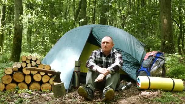 Souriant Homme Adulte Touriste Reposer Près Tente Bois Parler Par — Video