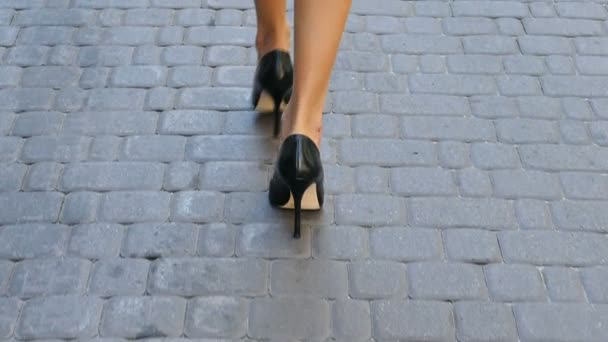 慢动作 美丽和谐的女性腿高高的走在街上 后视图 — 图库视频影像