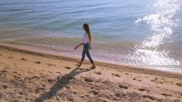 Luchtfoto Tiener Meisje Lopen Oceaan Zee Strand Laterale Weergave Langzaam — Stockvideo