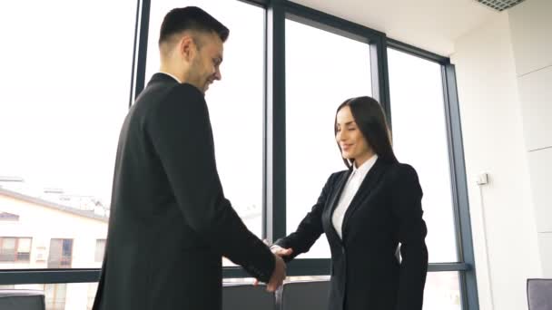 Office Meeting Två Affärspartner Man Och Kvinna Med Nöje Skaka — Stockvideo