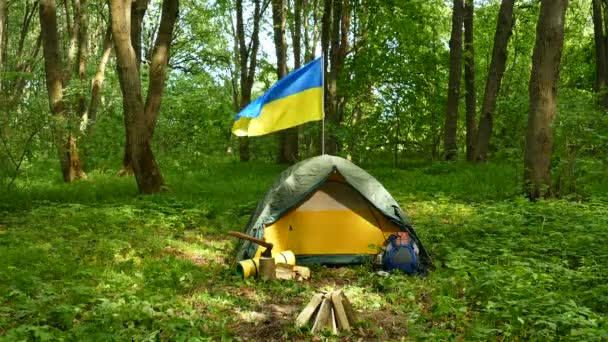 Małe Turystyczne Camp Namiot Ukraińską Flagę Drewnie — Wideo stockowe