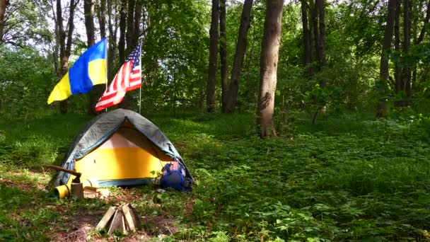 旅游营地 用木头挂着美国和乌克兰国旗的帐篷 — 图库视频影像