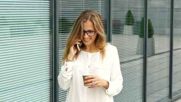 Attractive Business Woman Goes Office Drink Coffee Smiles Speaks Smartphone — Stock Video