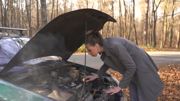 Auto Problemen Met Rook Aantrekkelijke Jonge Verwarde Vrouw — Stockvideo