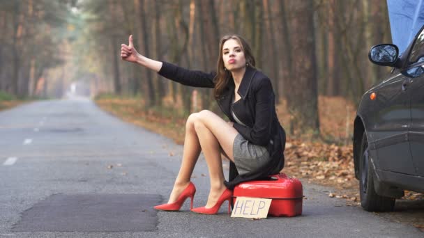 Сексуальная Девушка Ждет Помощи Плакатом Просит Бензин Красной Канистрой — стоковое видео
