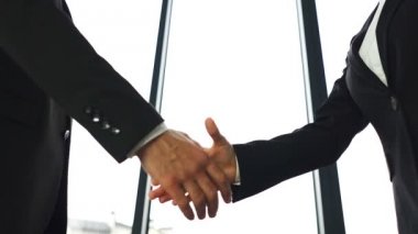 İki iş ortağı, erkek ve kadın, ne zaman toplantı el salla. Ağır çekim
