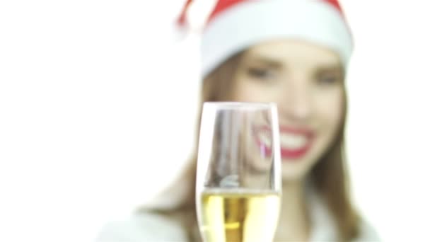 Dama Negocios Con Champán Celebra Navidad Cambio Enfoque — Vídeos de Stock