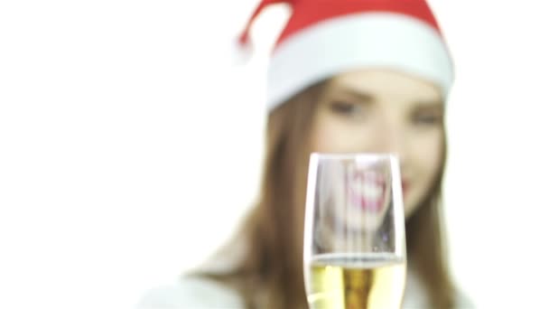 Smiling Business Lady Champagne Celebrate Christmas Change Focus — Stock Video