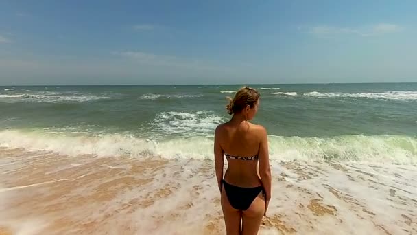 浪漫的女人在泳衣站在海岸 — 图库视频影像