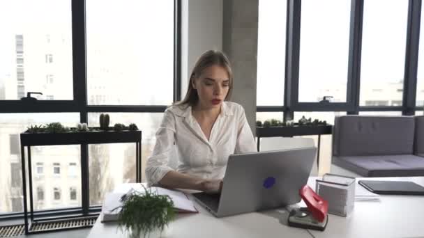 Junge Geschäftsfrau Ärgert Sich Über Notizbuch Informationen Büro Schiebereglerschuss — Stockvideo