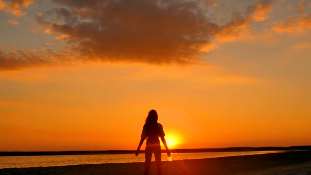Silhouette Eines Jungen Mädchens Die Hände Küstennähe Erhoben Freien — Stockvideo