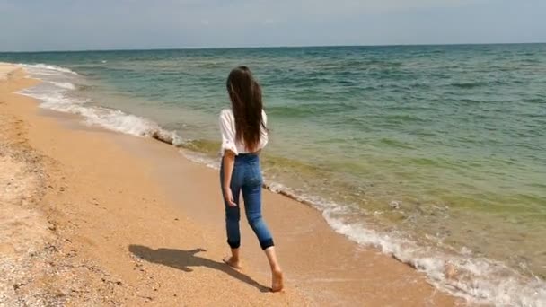代の女の子海岸 オーシャン ビーチの上を歩きます スローモーション 着実なショット 背面図 — ストック動画