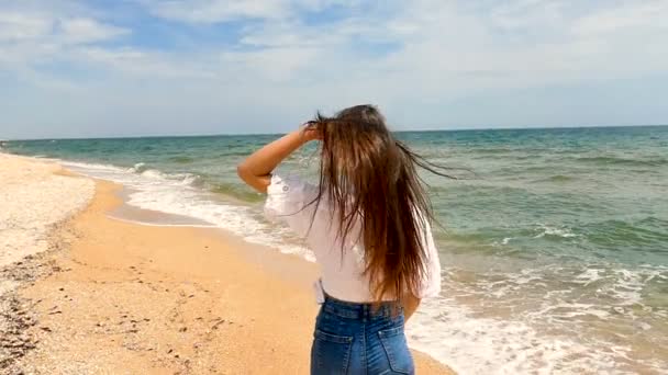 Mädchen Brünetten Teenager Gewinnen Lange Haare Spaziergang Meer Zeitlupe Stetiger — Stockvideo