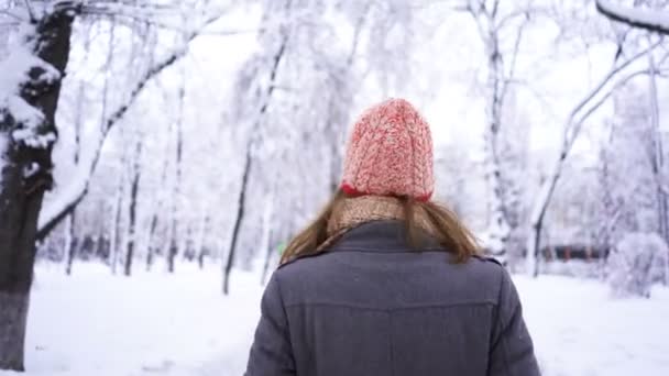 Promenader Ganska Ung Kvinna Röd Hatt Promenader Vinterparken Och Vända — Stockvideo