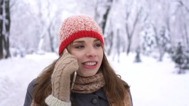 在冬季公园里戴着红帽子的有吸引力的年轻女子用智能手机说话 微笑着 稳定的拍摄 — 图库视频影像