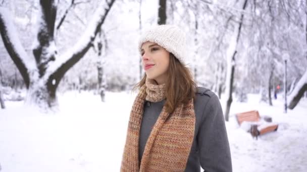 慢走漂亮的女人 戴着白帽子走在公园里 稳定的射击 冬天时间 — 图库视频影像