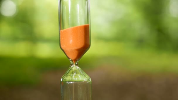 オレンジの砂は ガラス砂時計 アプローチ シーン 緑の背景で流れます ショットのスライダー — ストック動画