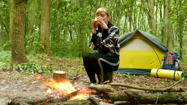 Jolie Femme Touristique Près Tente Feu Camp Avec Café Vie — Video