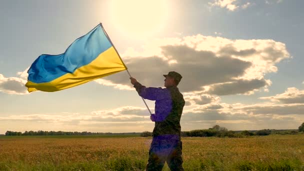 Στρατιώτης Στέκεται Την Ουκρανική Σημαία Ενάντια Στον Ουρανό Τον Ήλιο — Αρχείο Βίντεο