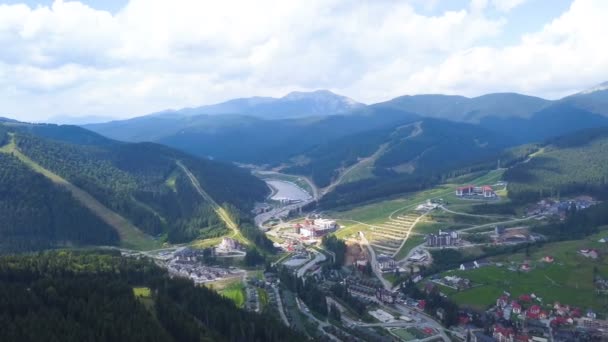 Aerial Mountains Lake Village Landscape — Stock Video