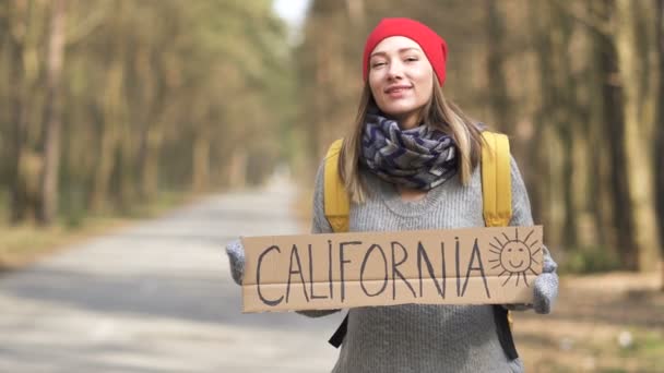 Автостопом Оставайтесь Пустой Дороге Лесу Плакатом Калифорния — стоковое видео