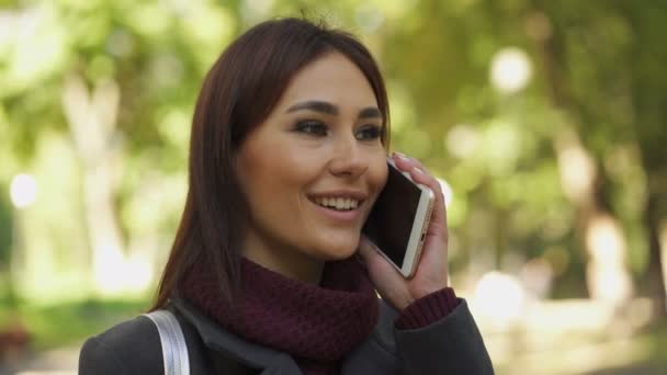 Joven Bonita Mujer Asiática Hablar Por Móvil Parque Ciudad Retrato — Vídeo de stock