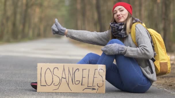 Esperando Auto Chica Autoestop Sentarse Camino Vacío Madera Con Cartel — Vídeo de stock