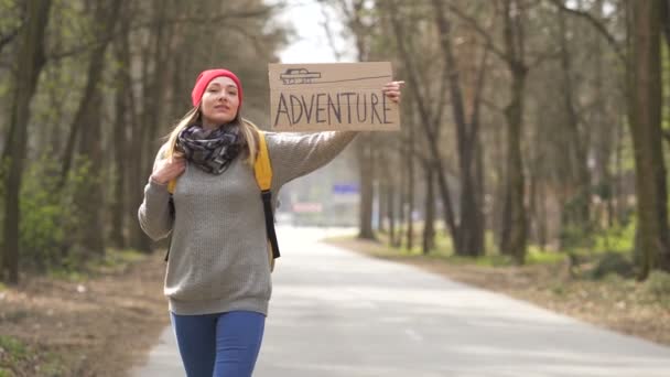 Χαμογελαστός Κορίτσι Οτοστόπ Στο Δρόμο Περιπέτεια Αφίσα Ταξίδι Ζωής — Αρχείο Βίντεο