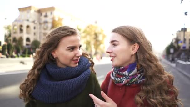 Jóvenes Mujeres Guapas Gemelas Hermanas Caminan Calle Ciudad Con Sonrisa — Vídeo de stock
