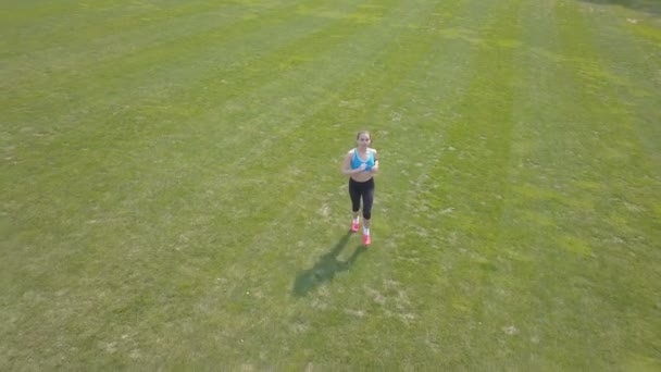 健康空中团队 女子健身跑跑在绿茵场上 低高度 — 图库视频影像