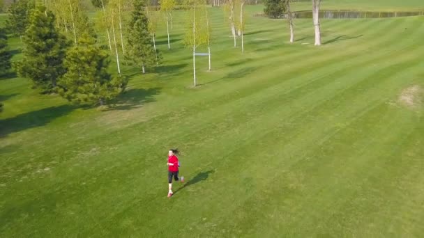 Aérea Sana Corredor Fitness Mujer Rojo Ejecutar Lentamente Campo Verde — Vídeos de Stock