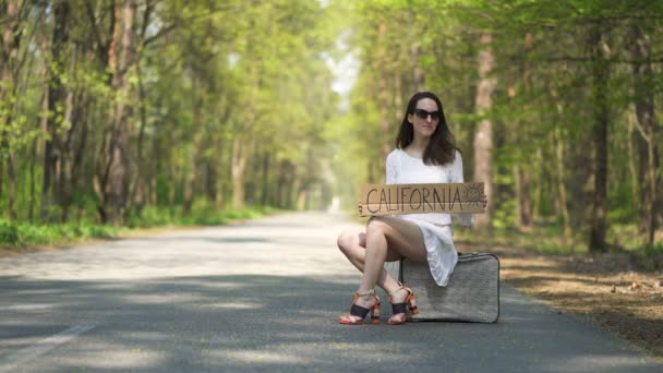 Mujer Autostop Zapatos Tacón Alto Sentarse Maleta Retro Con Cartel — Vídeos de Stock