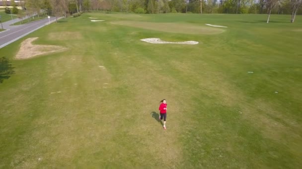 Equipo Aéreo Sano Corredor Aptitud Mujer Funcionamiento Rojo Campo Verde — Vídeo de stock