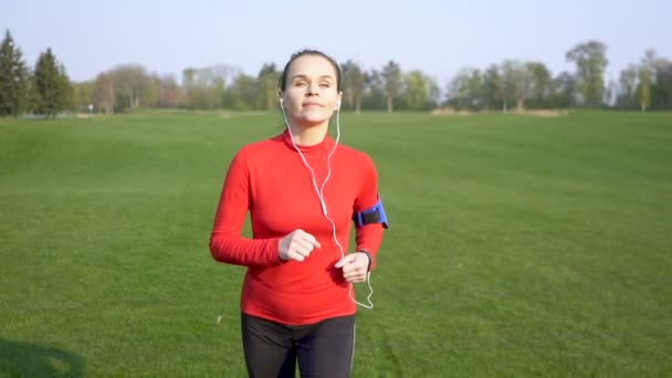 大人の女性ランナーは緑のフィールドで走ります スローモーション 顔をクローズアップ — ストック動画