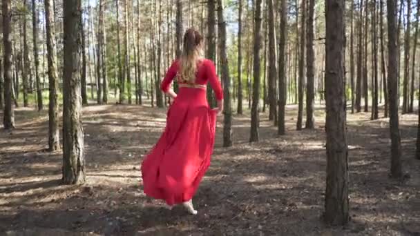 4. Belle femme ballerine en robe rouge dansant dans le paysage forestier. Des sauts. Compétence danseuse contemporaine . 