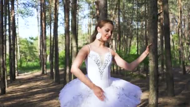 Abilità Attraente Ballerina Donna Tutù Ballare Nel Paesaggio Forestale Ballerino — Video Stock