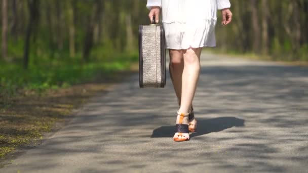 Pieds Femme Sur Talons Hauts Chaussures Près Valise Rétro Aller — Video