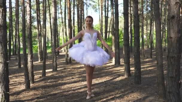在森林中跳舞的漂亮技巧女子芭蕾舞演员 芭蕾舞蹈之美 已打开位置 — 图库视频影像