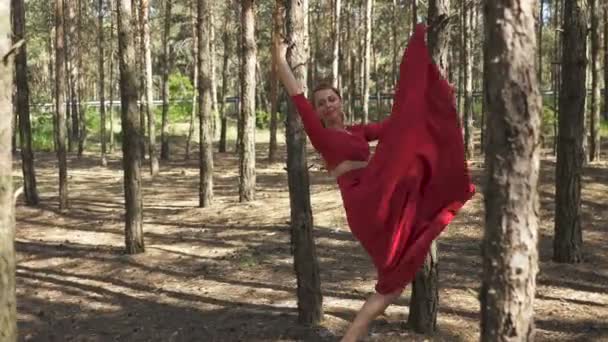 4.Sexy compétence femme ballerine en robe rouge dansant dans la forêt. Beauté de la danse. Tir stabilisé  