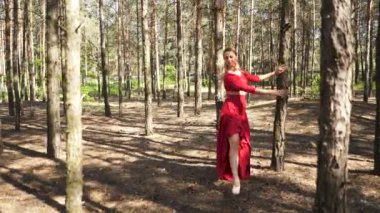Modern çağdaş dansçı doğaçlama. Yaz Orman Peyzaj kırmızı elbise dans beceri balerin kadın. 
