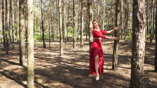 Danse contemporaine moderne improvisation. Compétence ballerine femme en robe rouge dansant dans le paysage forestier d'été . 