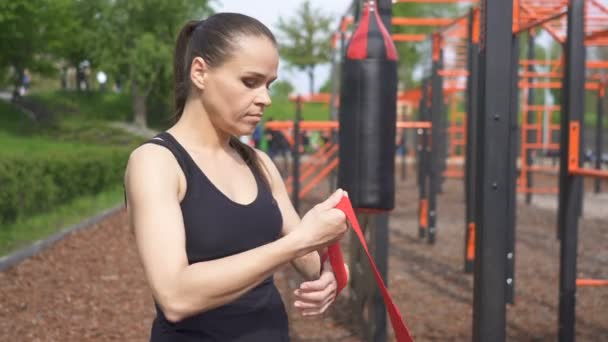 Adult Woman Boxer Preparing Training Process Street Training Ground Reels — Stock Video
