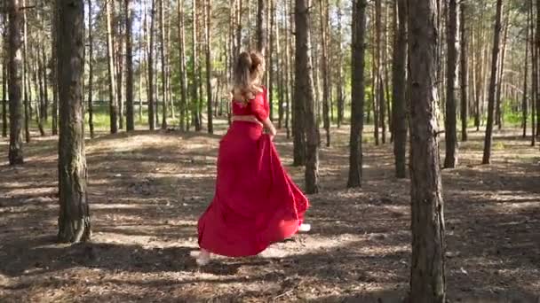 improvisation danseuse avec sauts. Ballerine habile femme en robe rouge dansant en forêt. Ralenti, vue arrière 