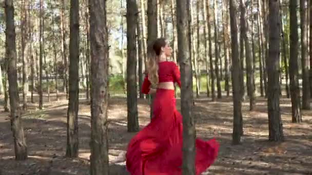 improvisation danseuse avec sauts. Compétence ballerine femme en robe rouge dansant dans le paysage forestier. Mouvement lent 