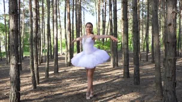 Tänzerische Improvisation. attraktive Geschicklichkeit Ballerina in Tutu tanzen im Wald, stetiger Schuss, Zeitlupe