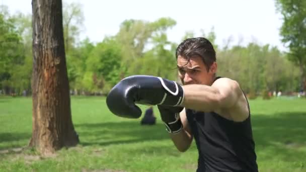 Ung Muskulös Man Boxer Träning Med Skugga Utomhus Boxning Stadig — Stockvideo