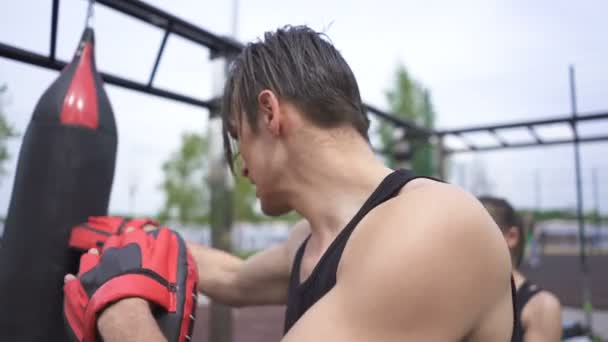 屋外の都市公園 スポーツ自己防衛チームで女性のトレーニングボクシングプロセス 安定したショット — ストック動画