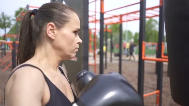 Tvář Dospělé Boxera Boxerskými Pytli Městský Park Venku Stálá Střela — Stock video