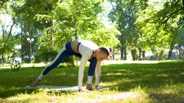 漂亮的瑜伽女人在城市公园做冥想练习 阿萨纳 稳定拍摄 — 图库视频影像