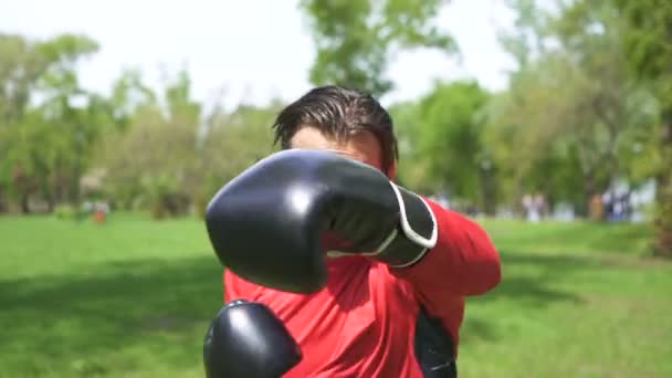 スローモーション 黒い手袋の若い筋肉の男のボクサーは カメラの直接で吹きます 安定したショット — ストック動画